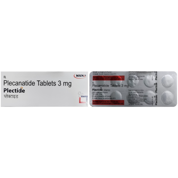 A box and strip of generic Plecanatide 3mg pills