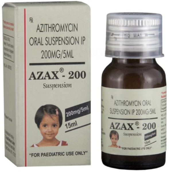 A box and a bottle of Azithromycin 200mg/5ml along with a vial of sterile water
