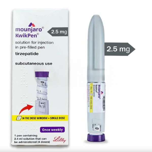 A box and a Kwikpen of Tirzepatide 2.5mg