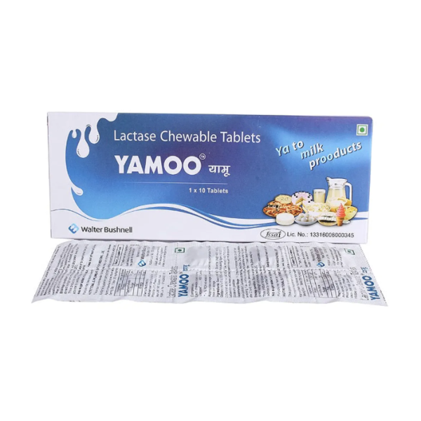 A pack and a strip of Generic Lactase (4500 FCC Units) Tablet