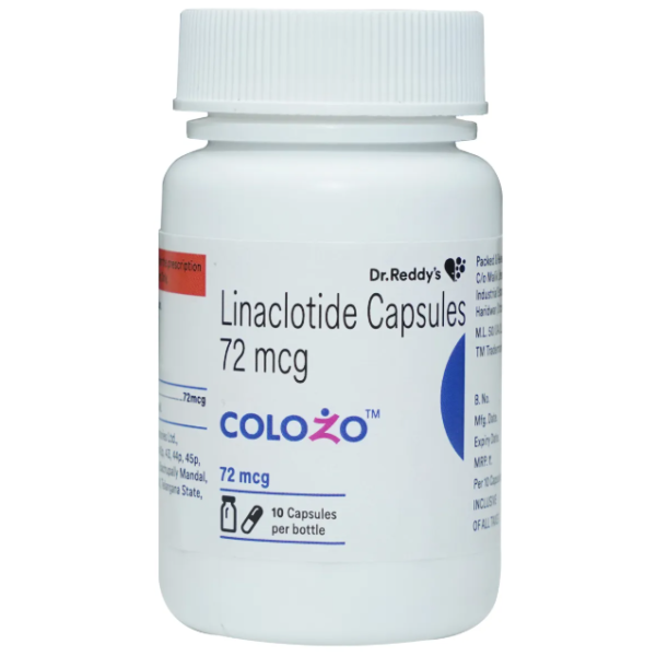A bottle of Linaclotide (72mcg) Capsule