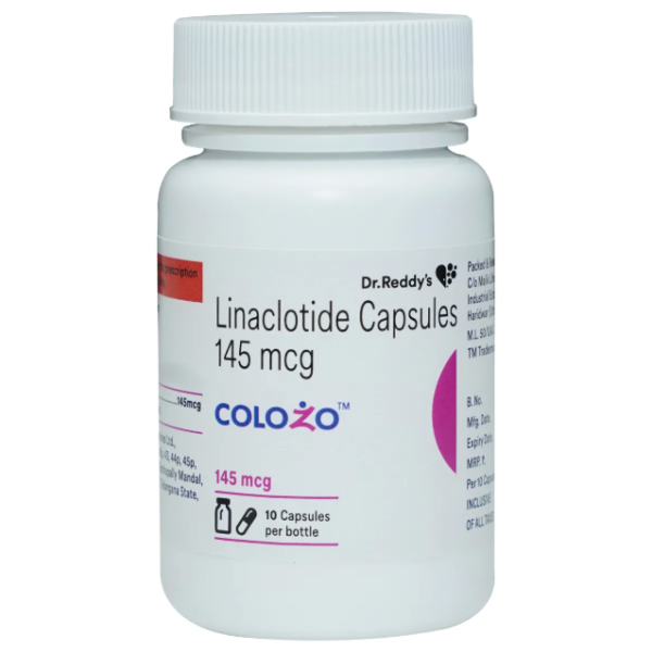 A bottle of Linaclotide (145mcg) Capsule