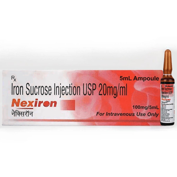 A pack and an ampoule of Iron Sucrose (100mg/5ml) Injection