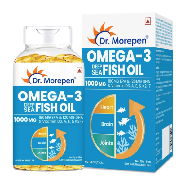 A box and a bottle of Omega 3 Fish Oil Capsules