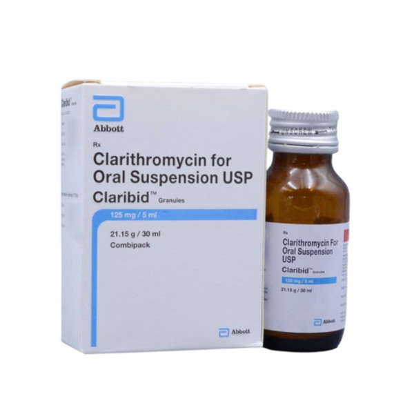 A box and a bottle of Clarithromycin (125mg/5ml) Oral Suspension