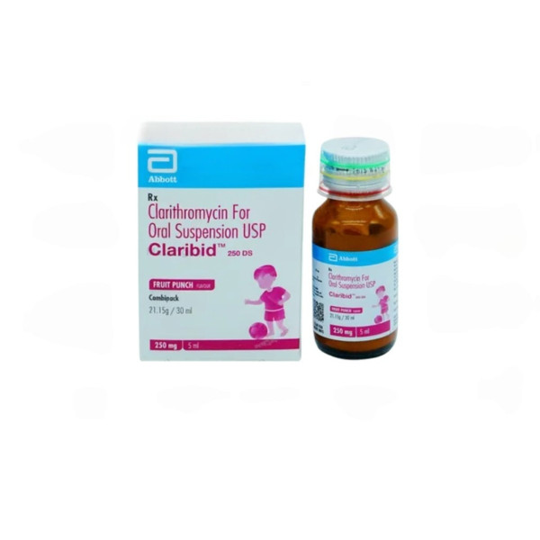 A box and a bottle of Clarithromycin  Oral Suspension