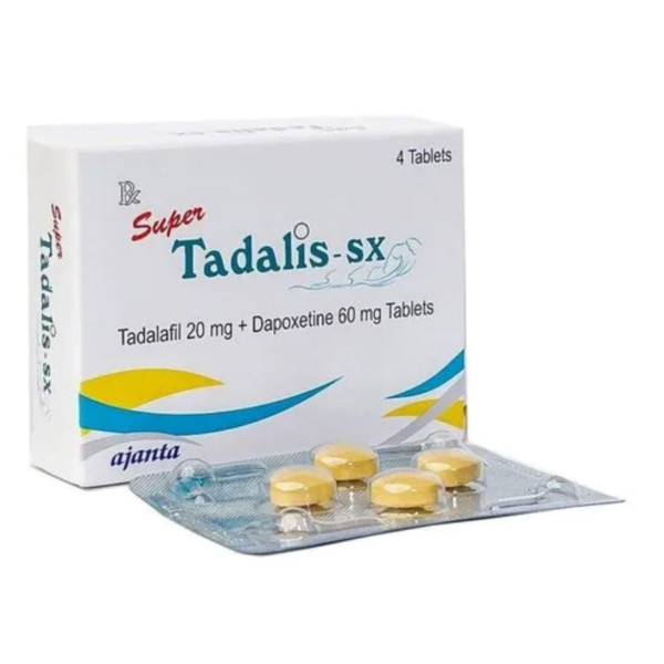 A box and a strip of Tadalafil 20mg + Dapoxetine 60mg Tablets