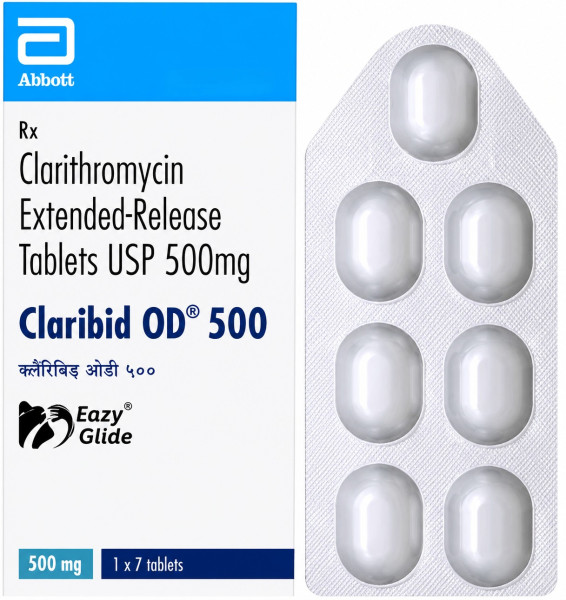 A pack and a strip of Clarithromycin 500mg Tablet (Extended-Release)