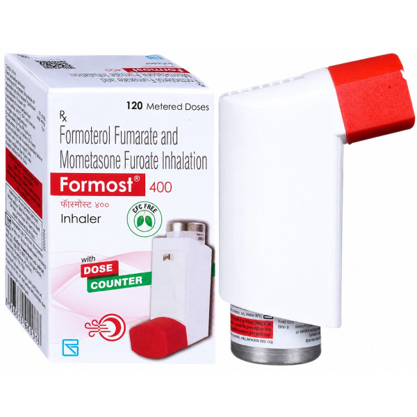 A box and a Formoterol (6mcg) + Mometasone (400mcg) Inhaler