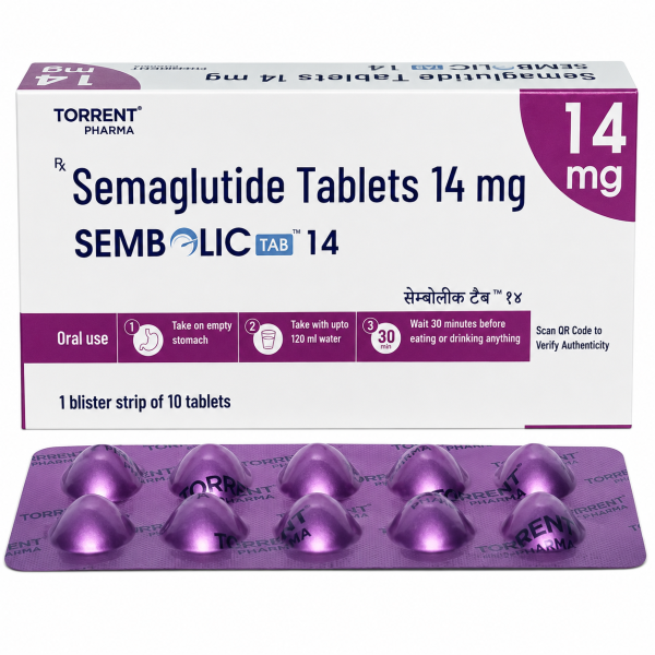 A pack and a strip of Semaglutide (14mg) Tablets