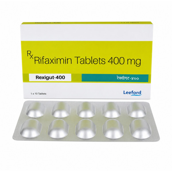 A pack and a strip of Rifaximin (400mg) Tablet