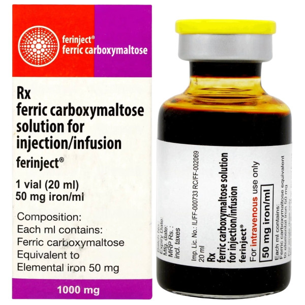 A box and a vial of generic Injectafer 1000 mg Injection