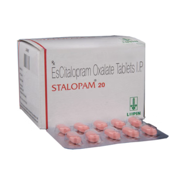 A box and a blister pack of generic Escitalopram Oxalate 20mg tablets