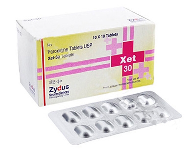 A box and a strip of generic Paroxetine Hydrochloride 30mg tablets
