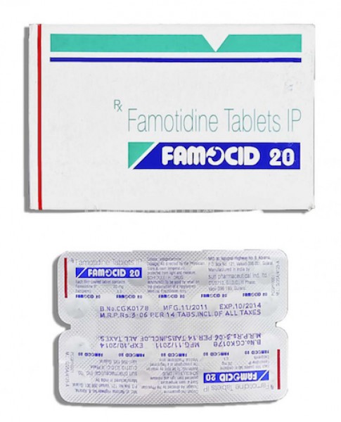 A strip and a box of generic Famotidine 20mg Tablet