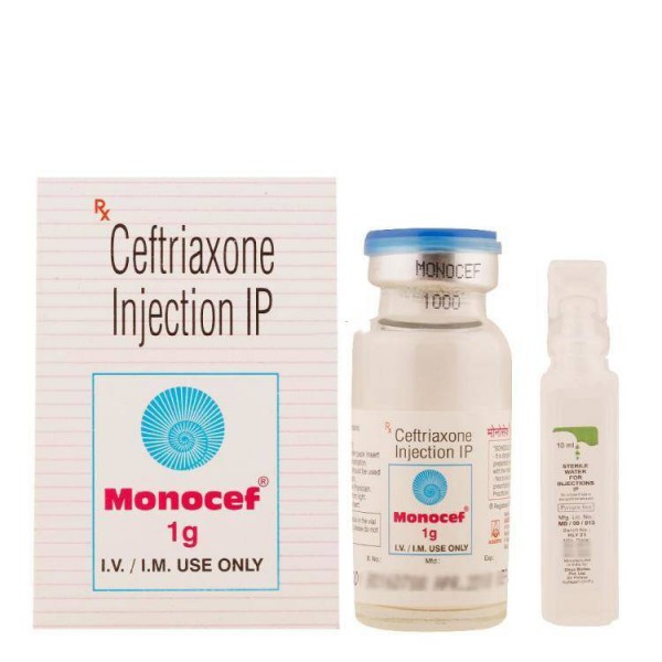 Box and bottle of generic Ceftriaxone (1gm) Injection