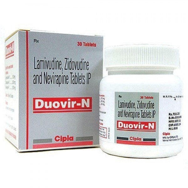 Bottle and a box pack of Lamivudine (150mg) + Zidovudine (300mg) + Nevirapine (200mg) Tablets