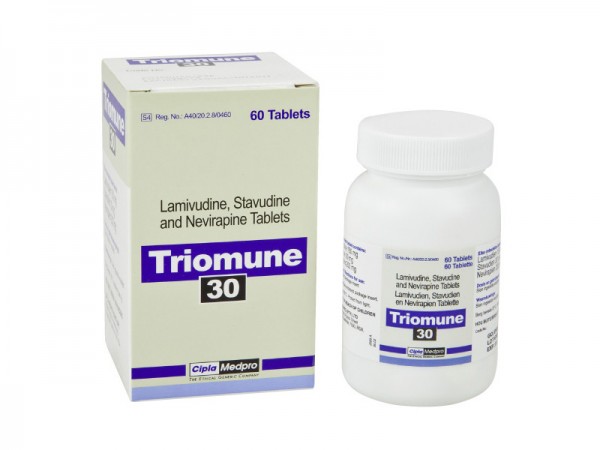 Bottle and a box of Lamivudine (150mg) + Stavudine (30mg) + Nevirapine (200mg) Tablets