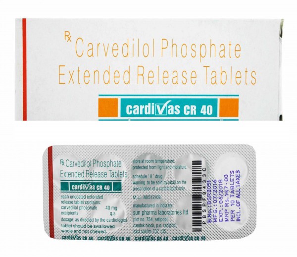 Box and a strip of Carvedilol 40mg Tablet