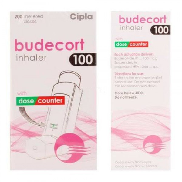A front and backside of Budesonide 100mcg Inhaler