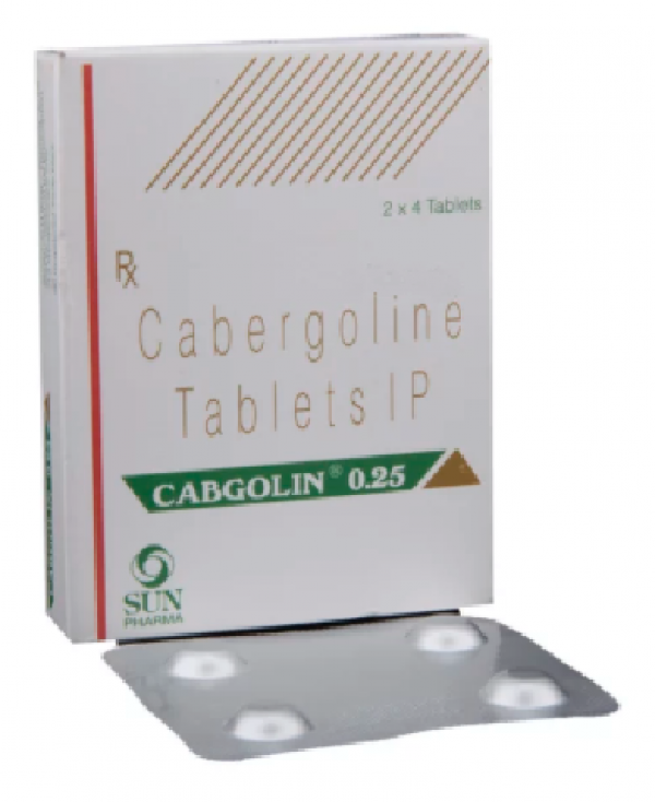 Box and a strip of generic Cabergoline 0.25mg Tablet