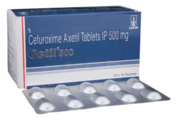 A box and a blister pack of generic Cefuroxime 500mg Tablet