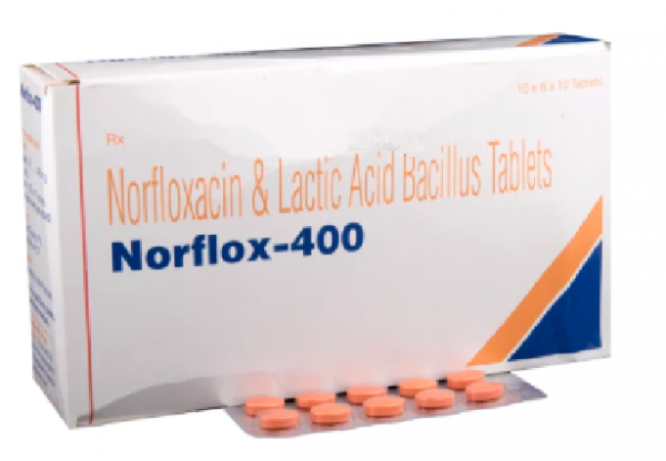A box and a strip of generic Norfloxacin 400mg Tablet