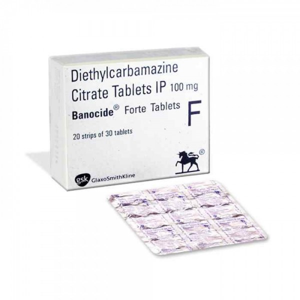 Box and a strip of generic Diethylcarbamazine 100 mg Tablet