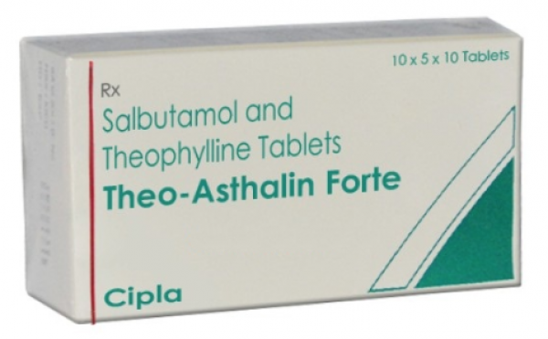 A box of generic Albuterol (4mg) + Theophylline (200mg) Tablets