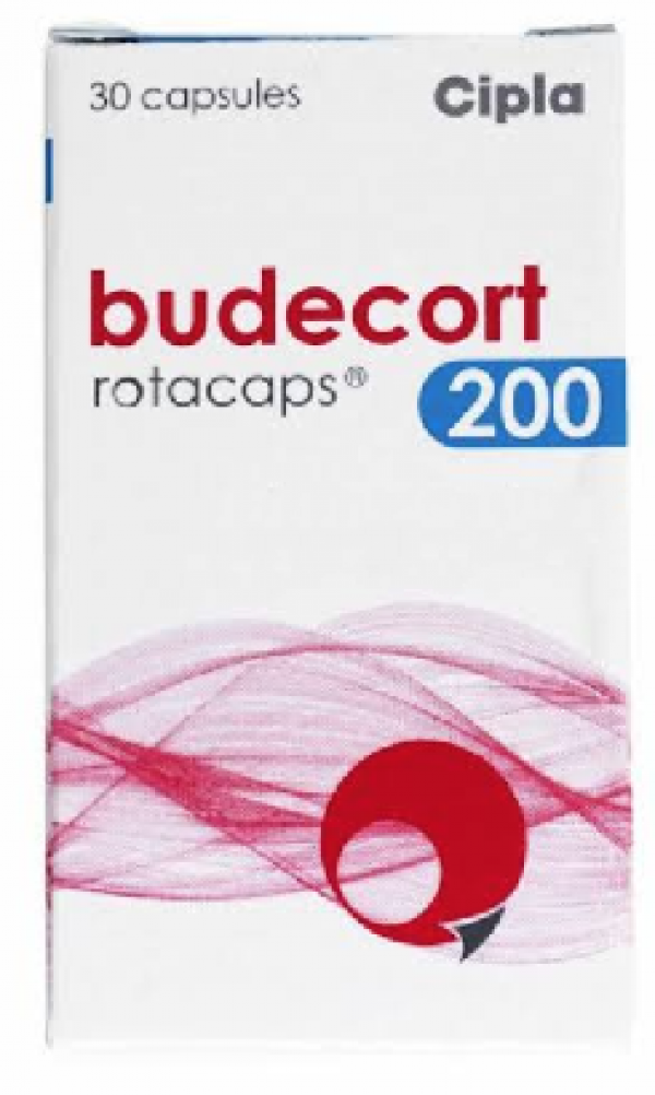 A box of generic Budesonide 200mcg Rotacaps with Rotahaler