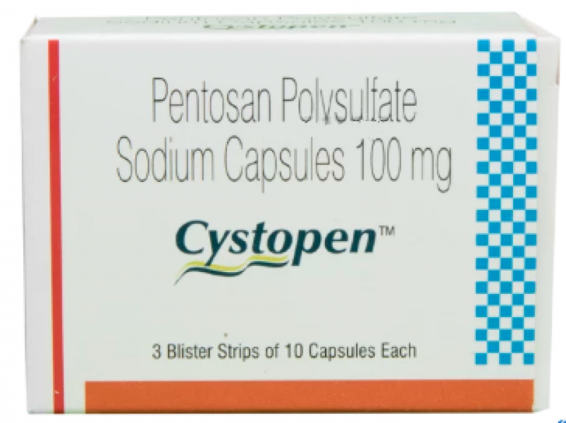 A box of generic Pentosan polysulfate sodium 100mg Capsule