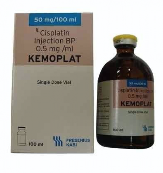 A box and a bottle of generic Cisplatin 50 mg / 50 ml Infusion 