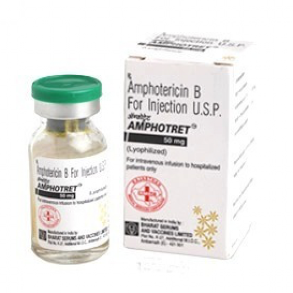 A box and a vial of generic Amphotericin B 50 mg Injection