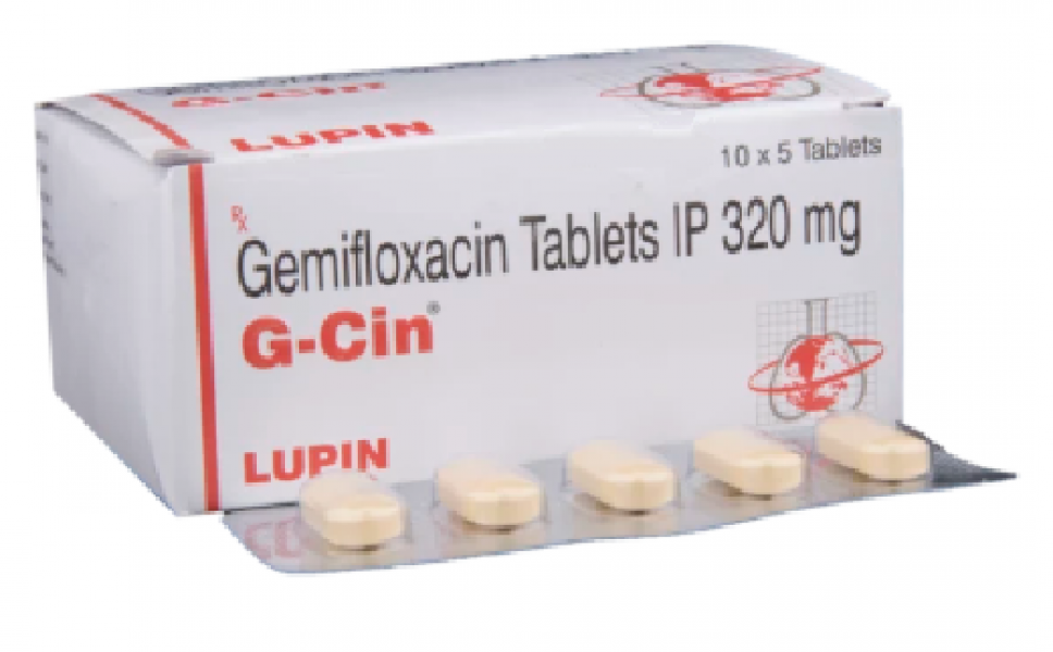 A box and a strip pack of Gemifloxacin 320mg Tablet