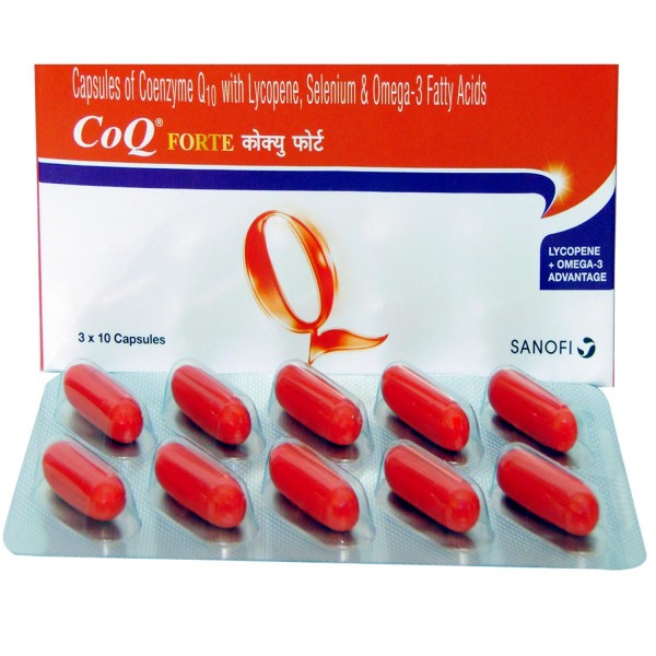 Box and blister strip of Co-Enzyme Q-10 , Docosahexaenoic Acid , Eicosa pentaenoic Acid & Lycopene Capsule