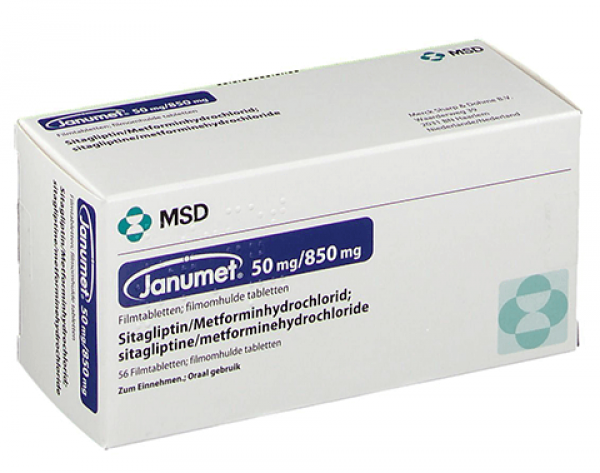A box of Sitagliptin phosphate 50 mg, metformin hydrochloride 850 mg Tablet 