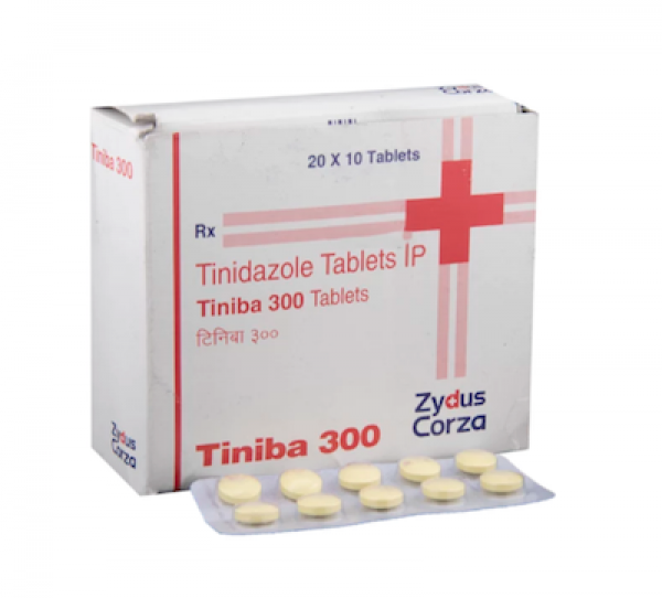 A box and a strip pack of generic Tinidazole 300 mg Tablet