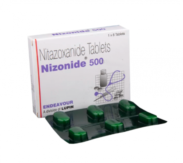 Box and strip of generic Nitazoxanide 500 mg Tablet