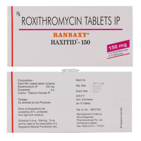 Front and back side of the pack of generic Roxithromycin 150 mg Tablet