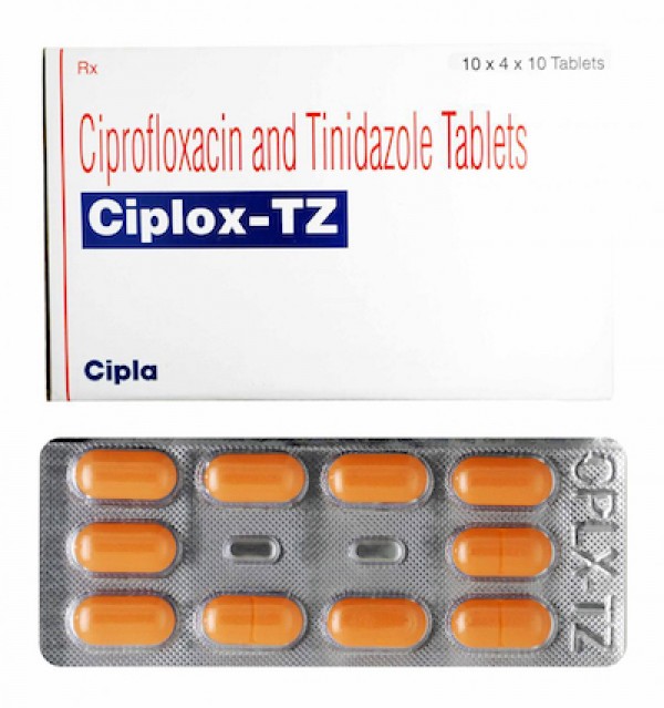 A box and a strip of generic Ciprofloxacin (500mg) + Tinidazole (600mg) Tablet