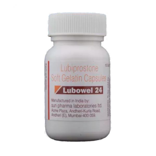 Bottle of generic Lubiprostone 24mcg Soft Gelatin Capsules