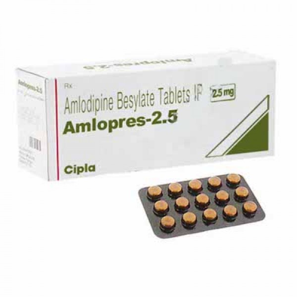 Box and Blister strip of generic Amlodipine Besylate 2.5mg tablets