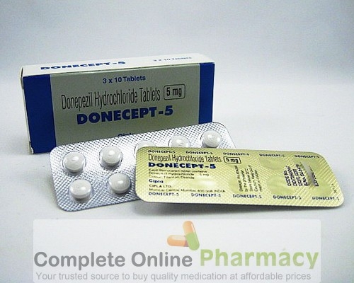 A box and a blister of generic Donepezil HCl 5mg tablets