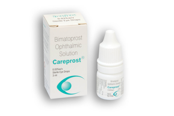 A box and eye drops bottle of generic bimatoprost 0.03 %
