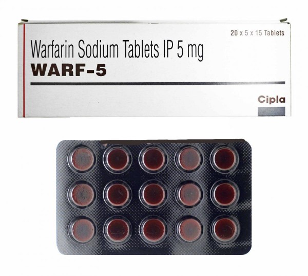 A box and a blister of generic Warfarin 5mg tablets