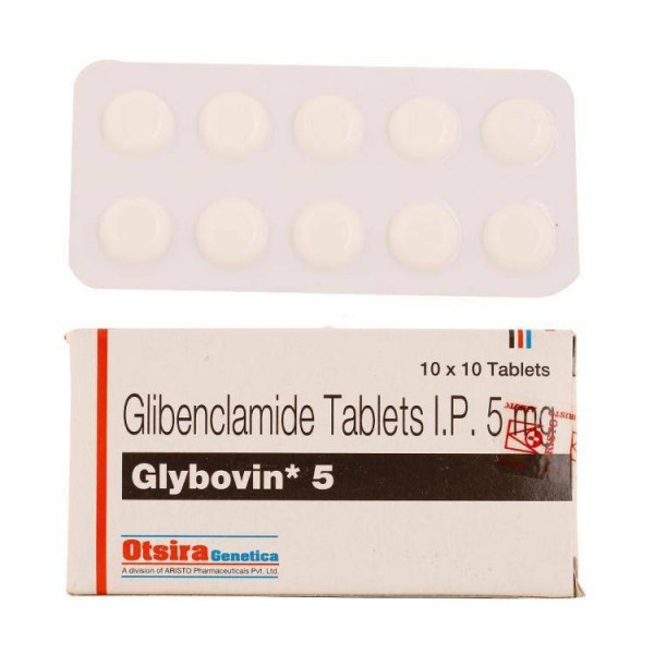Blister and box of generic Glyburide ( Glibenclamide 5mg tablets )