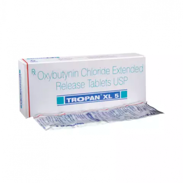 A box and a strip of generic oxybutynin chloride 5mg tablets