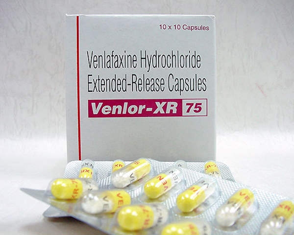 A box and two blister pack of generic Venlafaxine Hydrochloride XR 75mg capsules