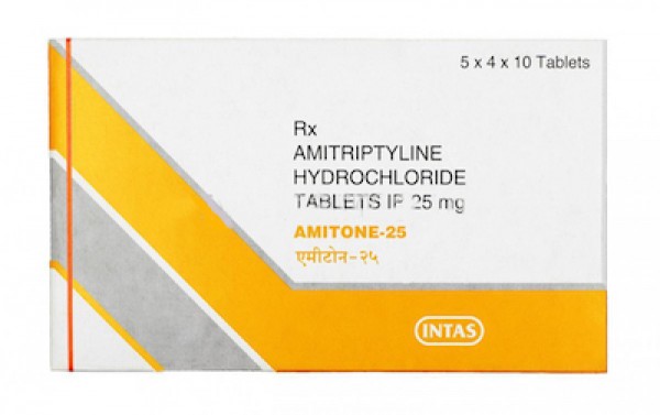 A box of generic Amitriptyline 25 mg Tablet