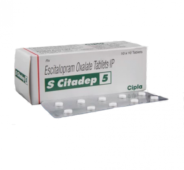 A box and a strip of generic Escitalopram Oxalate 5mg tablets